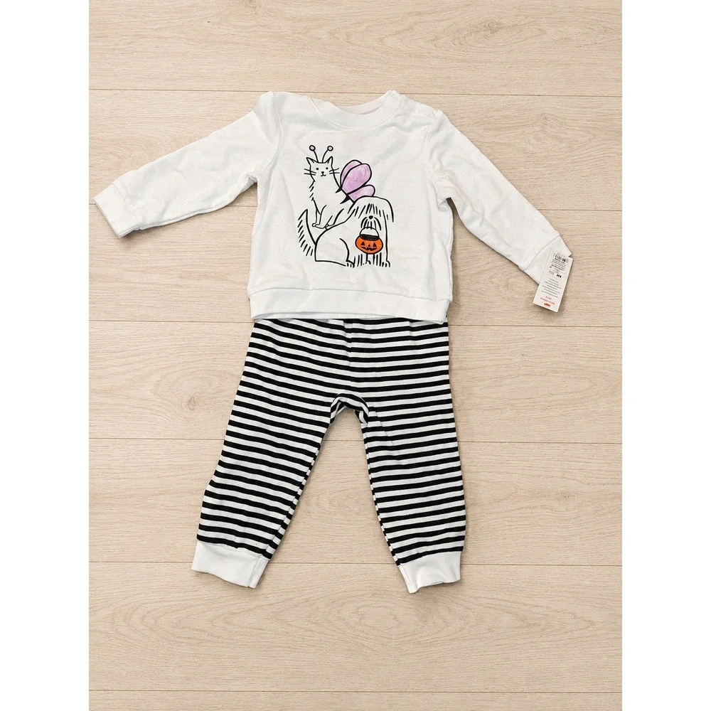 Cat & Jack Baby Halloween Outfit Set 18M White Graphic Sweatshirt Striped Pants